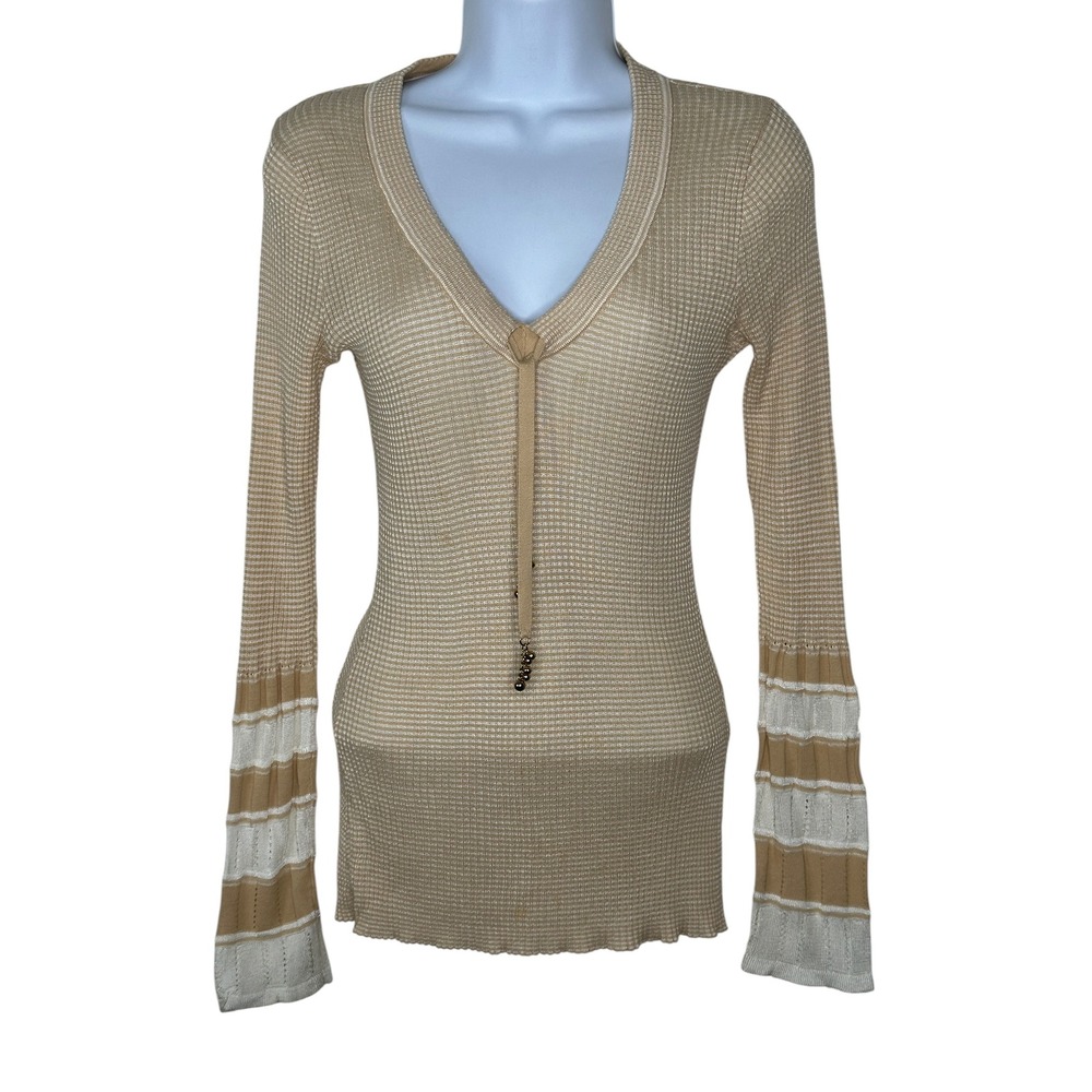 Cache Ribbed Knit Top Medium Tan Gold V-Neck Metallic Long Sleeve Boho Striped
